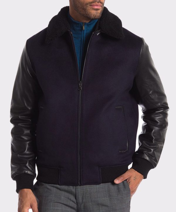 Genuine Shearling Collar Lamb Leather Reversible Varsity Jacket