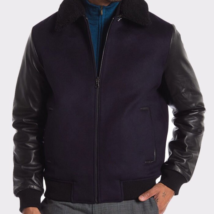 Genuine Shearling Collar Lamb Leather Reversible Varsity Jacket