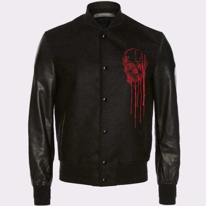 Soft Lambskin and Cotton Doeskin Embroidered Varsity Jacket