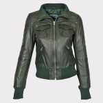 Timeless Ladies Short Style Sheep Leather Bomber Jacket in Olive