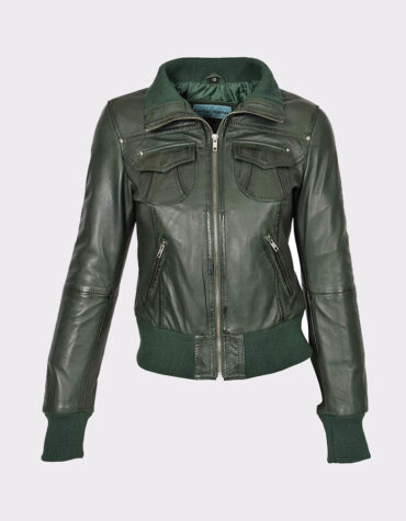 Classic Ladies short style sheep Leather Bomber Jacket Olive
