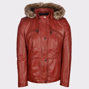Hooded Women Winter Stylish Leather Red Coat