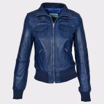 Timeless Ladies Short Style Sheep Leather Bomber Jacket in Olive