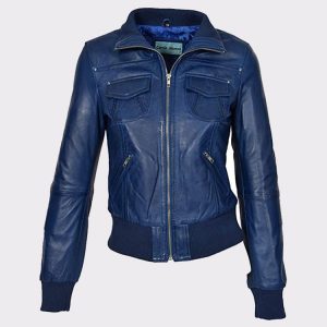 Ladies Bomber Real Leather Jacket Short Slim Fit Casual Blue