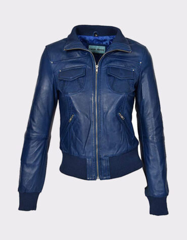 Ladies Bomber Real Leather Jacket Short Slim Fit Casual Blue
