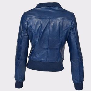 Ladies Bomber Real Leather Jacket Short Slim Fit Casual Blue1