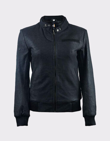 Ladies Distressed Black Fashion Leather Bomber Pilot Jacket