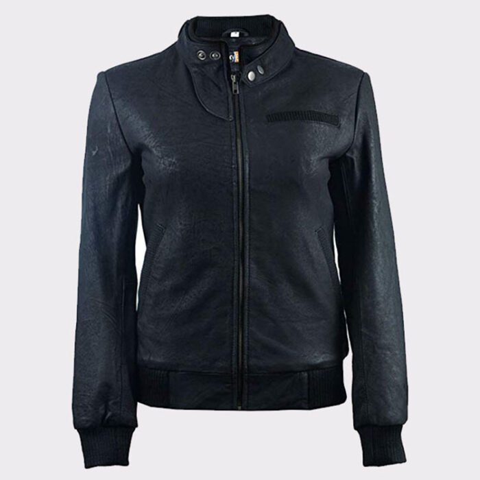 Ladies Distressed Black Fashion Leather Bomber Pilot Jacket