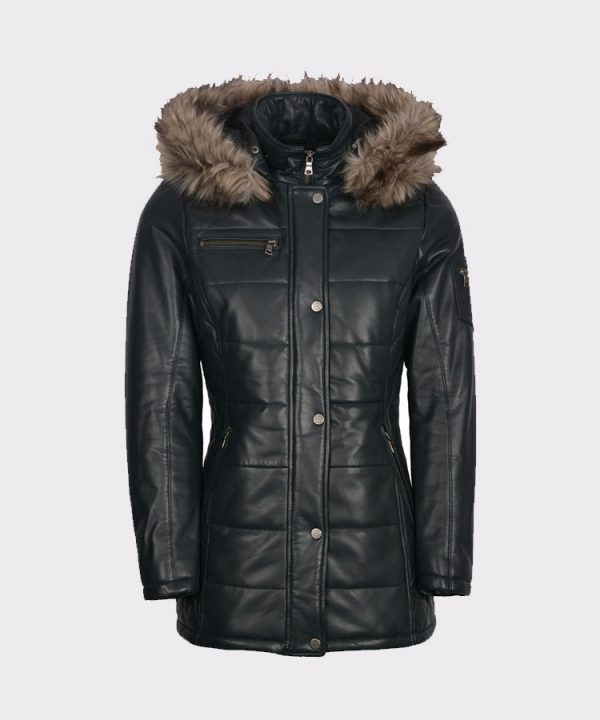 Padded Ladies luxurious Leather Winter Navy Coat