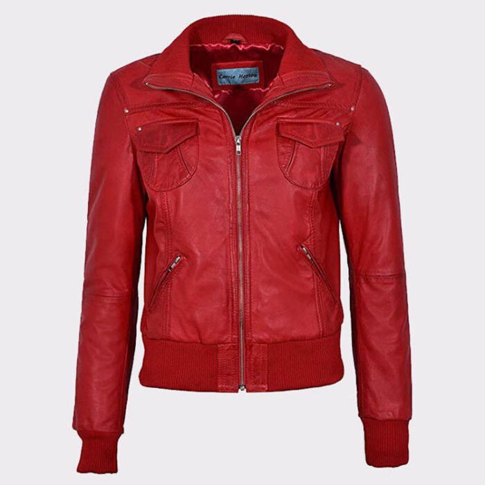 Red Ladies Bomber Biker & Motorcycle Sheep Leather Jacket