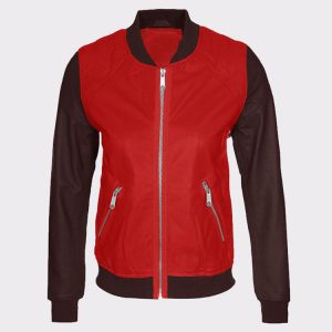 Women Fashion Cowhide Red and Brown Leather Bomber Jacket1