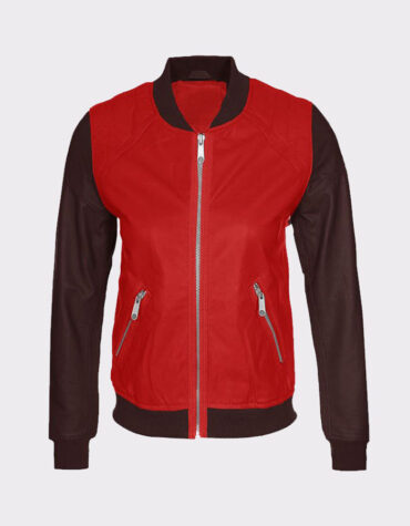 Women Fashion Cowhide Red and Brown Leather Bomber Jacket1