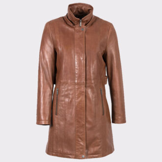 Women Hooded Classic Leather Coat in Dark Tan