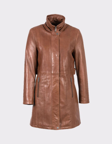 Women Hooded Classic Leather Coat in Dark Tan