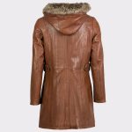 Women Hooded Classic Leather Coat in Dark Tan back