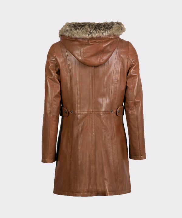 Women Hooded Classic Leather Coat in Dark Tan back