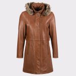 Women Hooded Classic Leather Coat in Dark Tan1