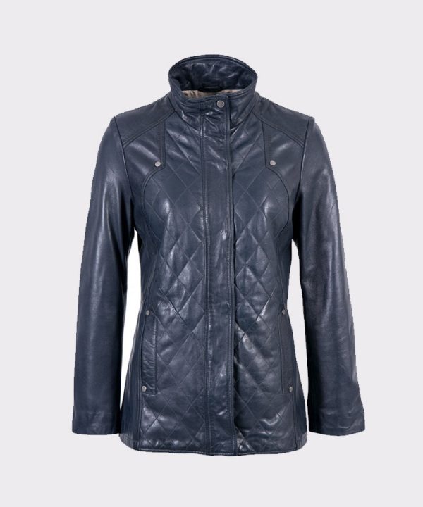 Women Navy Aniline Fashion Leather Coat
