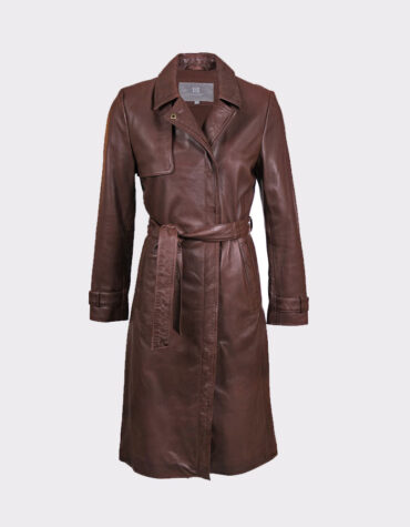 Women PECAN BROWN LONG LEATHER TRENCH COAT1