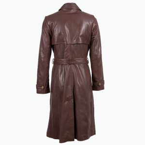 Women Pecan Brown Long Leather Trench Coat back