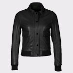 Women's Fashion Bomber Cowhide Leather Black Jacket
