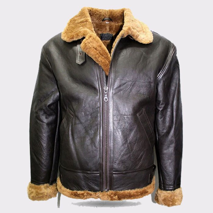 MENS BROWN B3 SHEARLING SHEEPSKIN WORLD WAR 2 FUR LEATHER FLYING AVIATOR JACKET