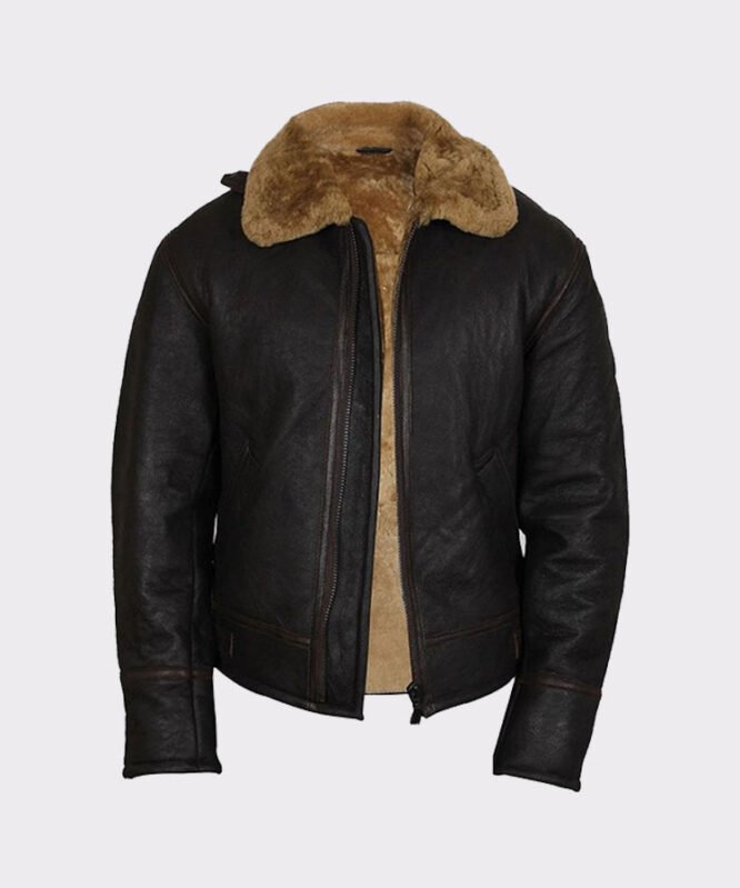 Men's Real Shearling Sheepskin Leather Flying Jacket Aviator Ginger Brown