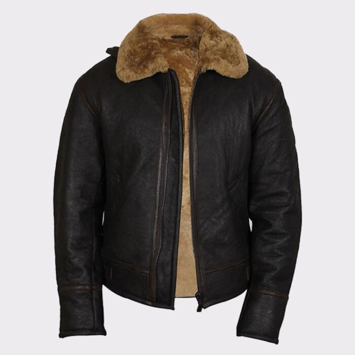 Men's Real Shearling Sheepskin Leather Flying Jacket Aviator Ginger Brown