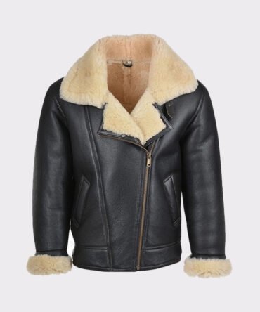 Black with brown fur shearling jacket mens for winters