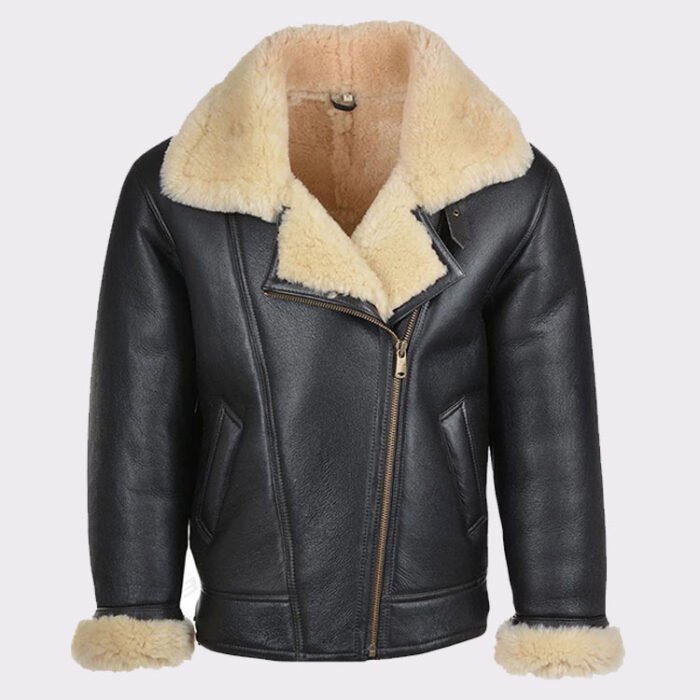 Black with brown fur shearling jacket mens for winters