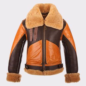 B3 Brown Bomber Real Shearling Two Tone Sheepskin Leather Jacket