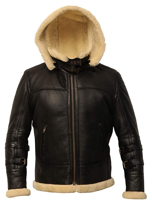 Black hood shearling jacket mens for winters