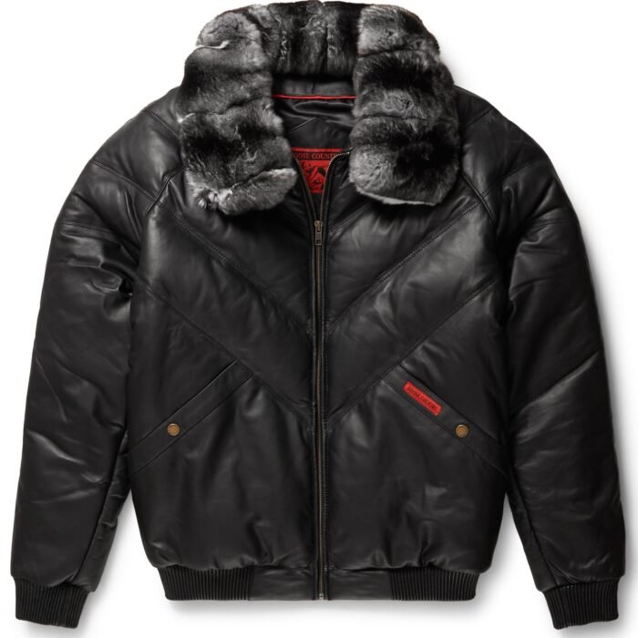 Black Leather V-Bomber Jacket