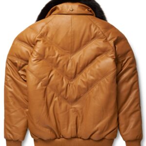 Camel Leather V-Bomber Jacket