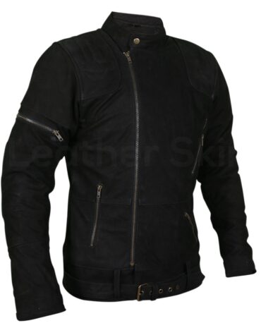 Men Black Suede Belted Leather Jacket with Zippers on Shoulders