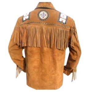 Men Brown Eagle Beads Western Cowboy Suede Leather Tan Jacket, Fringes Jacket