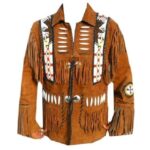 Men's Brown Eagle Beads Western Cowboy Suede Leather Tan Jacket - Fringe Detailing