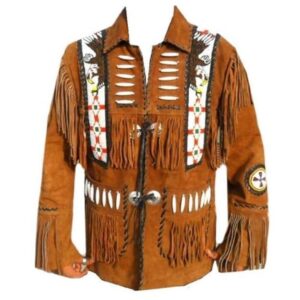Men Brown Eagle Beads Western Cowboy Suede Leather Tan Jacket, Fringes Jacket