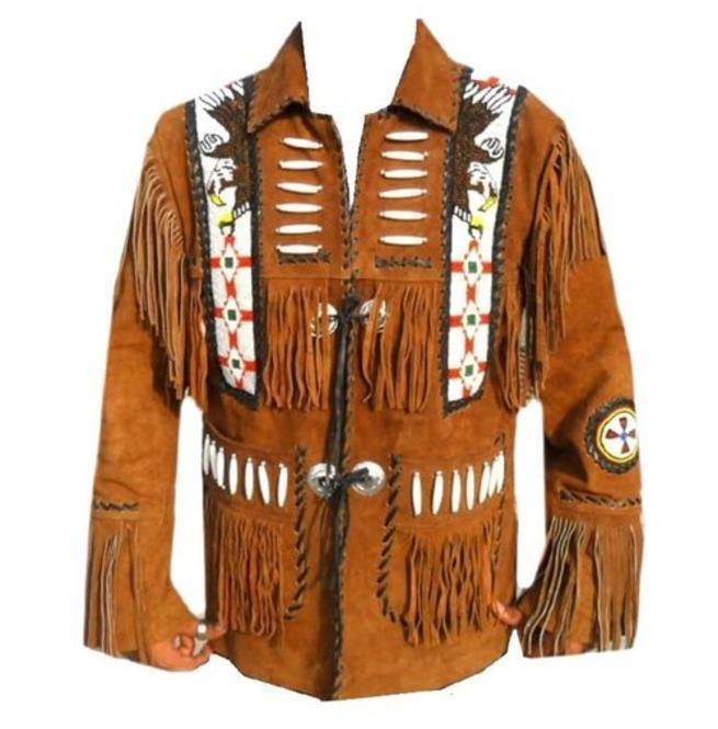Men's Brown Eagle Beads Western Cowboy Suede Leather Tan Jacket ...