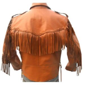 Men Tan Western Style Leather Jacket Cowboy Cowhide Leather Fringe Jacket