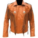 Rugged Cowboy Charm Men's Tan Western Style Leather Jacket with Fringe Detail