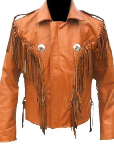Men Tan Western Style Leather Jacket Cowboy Cowhide Leather Fringe Jacket