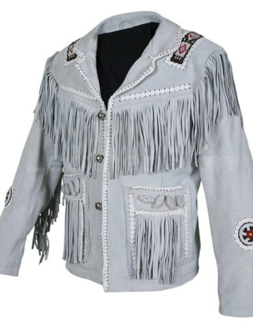 Men White Western Style Fringes Cowboy Suede Leather Jacket