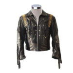 Men's Bluish Black Leather Western Cowboy Jacket - Fringe and Bones Detailing