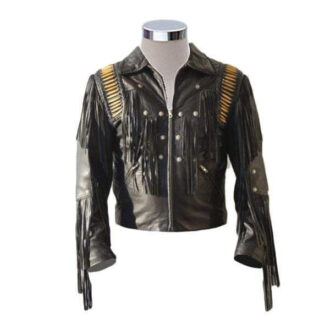 Men's Bluish Black Leather Western Cowboy Leather Jacket Fringe Bones