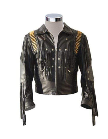Men's Bluish Black Leather Western Cowboy Leather Jacket Fringe Bones