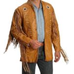 Men's Cowboy Style Tan Color Leather Jacket - Western Fringe Elegance