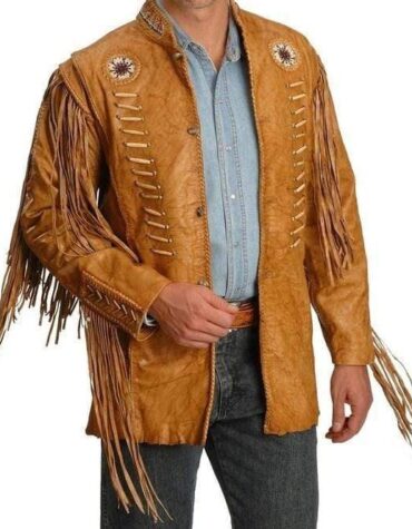 Men's Cowboy Style Tan Color Leather Jacket, Men's Western Style Fringe Leather Jacket