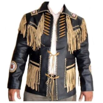 Men's Leather Jacket Western Wear Cowboy Black Beige Fringe Jacket