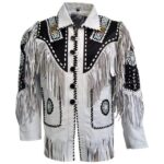 Men's Suede Fringe Jacket - White Black Cow Hide Stylish Suede Jacket